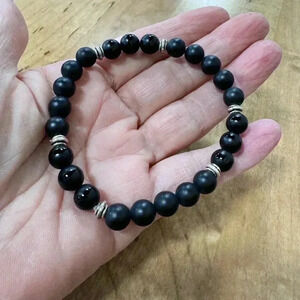 Black Onyx,Mens Bracelet,Womens Bracelet,Stretch Bracelet, Bali Silver Beads
